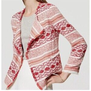 Ann Taylor LOFT Fiesta Woven Open Blazer Draped Collar Fringe Trim Tribe Size 14